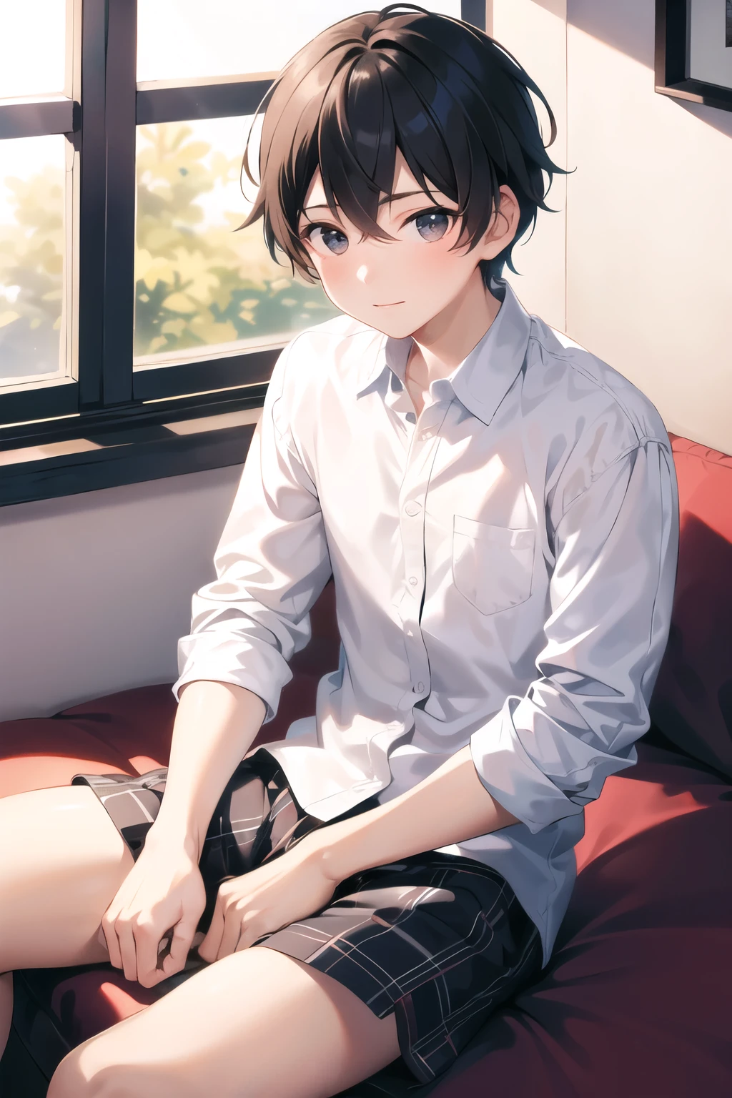 a boy sitting in a bedroom, wearing a white long sleeve shirt and plaid underwear, viewed from the side,