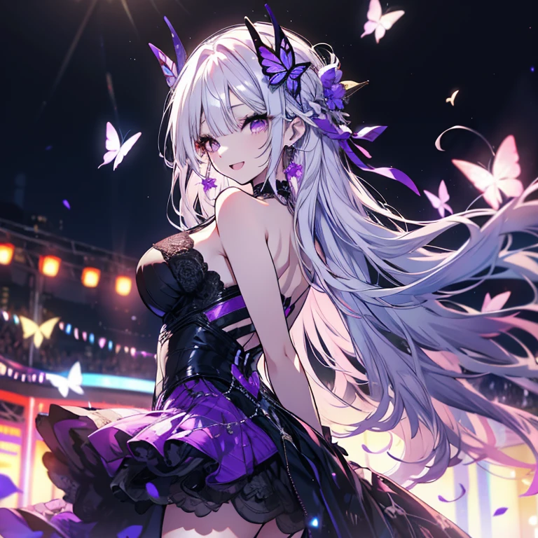 2 people、Mature、Ample breasts、Long Hair、Long eyelashes、White hair and purple hair、Idol Group、2 people組み、Diva、Open Mouth、sing、Back to Back、Live Stage、Black costume、Lace fabric、Shoulder Bare、Miniskirt、choker、Earrings、bracelet、Hold the microphone、Butterflies fluttering、Spotlight、Night view、Downtown、A seductive smile、Eyeshadow on the outer corner of the eye、smile、cool、High resolution、Highest quality