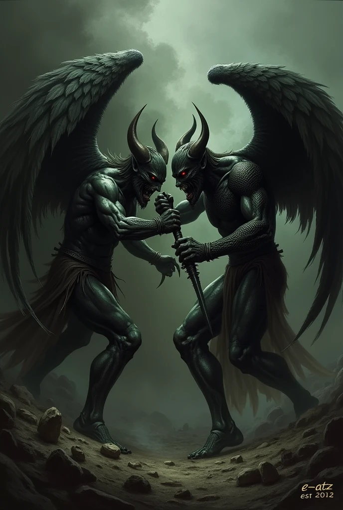 Make gothic design angel killing the devil with "e-atz est 2012"