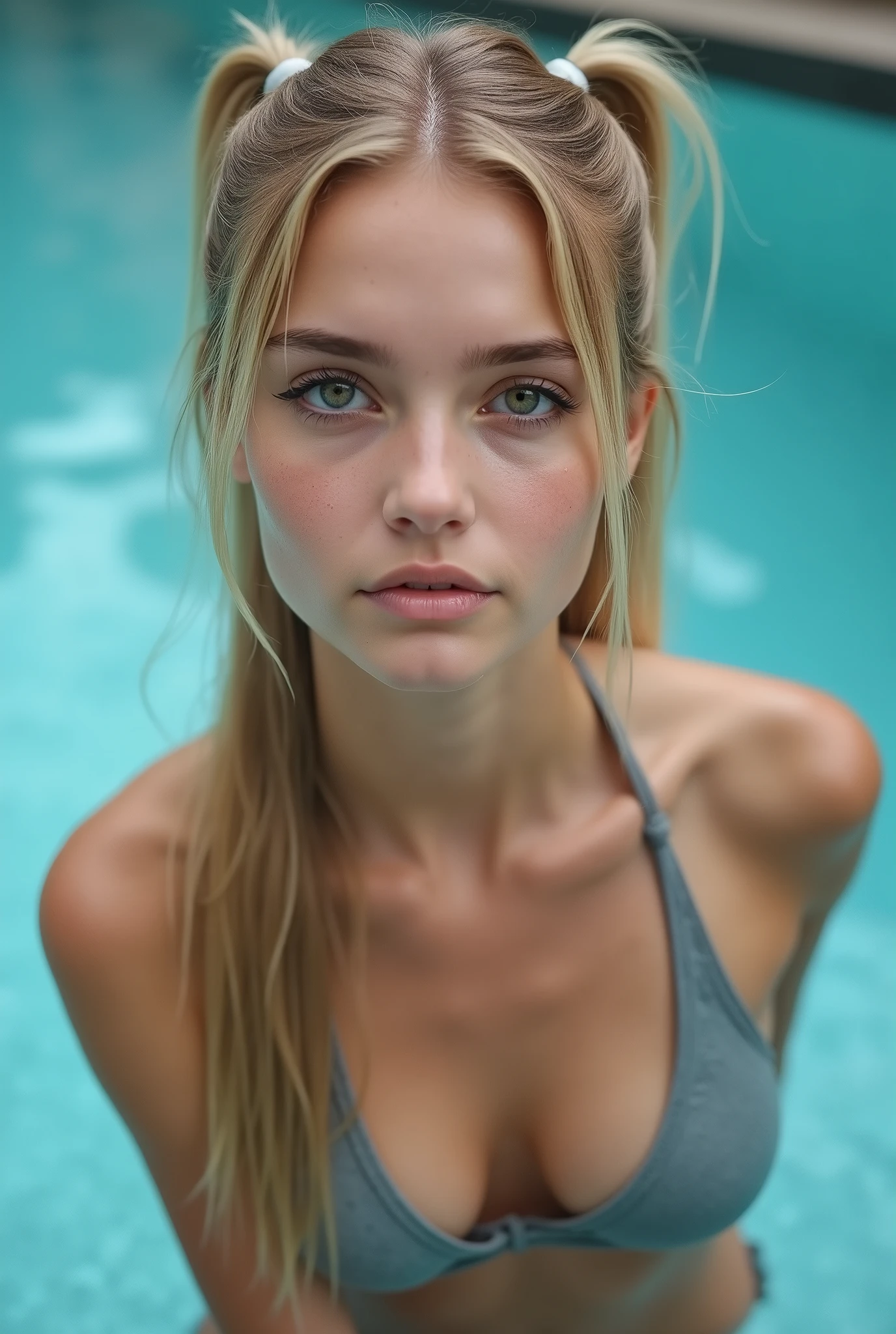 Full lenght, golden blonde hair, twin high ponytail, narrow face, grey eyes, girl, 1, slim figure, almond-shaped eyes, button nose, full lips, european appearance, ultra highly intricate detailed, black eyeliner, silver bikini, looking at the camera, professional photography, ultra sharp focus, very beautiful, climbing out of pool