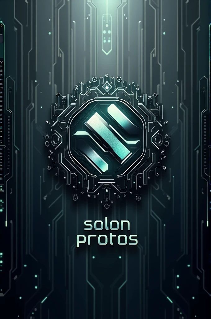 Create a profile picture with a futuristic and technological theme. El fondo debe tener un patrón sutil de circuitos o una textura metálica en tonos gray oscuro o steel blue. The central element should be a stylized symbol that combines geometric shapes and circuit patterns., suggesting a flow of energy or pattern of growth. Use metallic tones like silver, gray, steel blue, or neon green. The text 'Solon Protos' should appear in a modern and futuristic typeface, with a sans-serif font and clean lines. The image should be abstract and convey a sense of technological advancement and perfection..