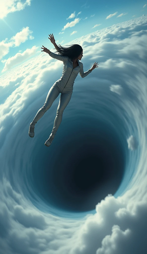 Eclipse performs a dramatic skydiving maneuver in mid-air. She falls headfirst from the sky, her jet-black hair flying behind her as she rapidly descends. Her light grey leather suit glitters in the sunlight, and a gold mechanical key is clutched tightly in her hand. Background: Directly below Eclipse looms a massive, swirling black hole, engulfing the surrounding atmosphere and creating a dynamic, visually intense vortex. The sky around Eclipse is a vibrant blue, dotted with clouds that blur as Eclipse's falling speed increases. The scene conveys a sense of extreme speed and urgency, emphasizing the danger and excitement of her descent towards the black hole.





