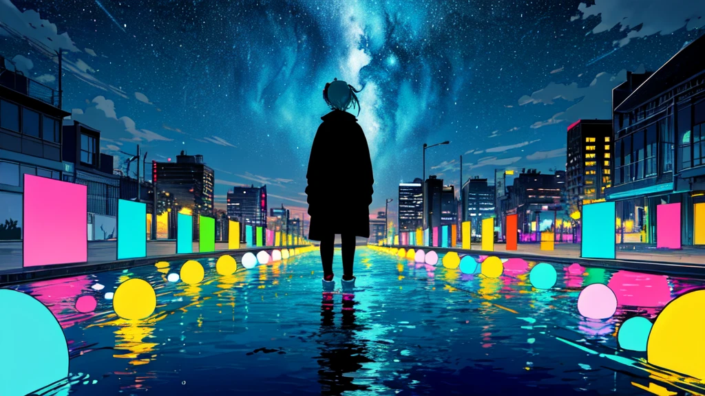 (masterpiece, Highest quality:1.3), (Flat Color:1.3),(colorful:1.3),View your viewers,One person,alone,floating colorful water,(2D:1.3), Hatsune Miku,Rainy night、Unending memories、Dimly lit street lamp