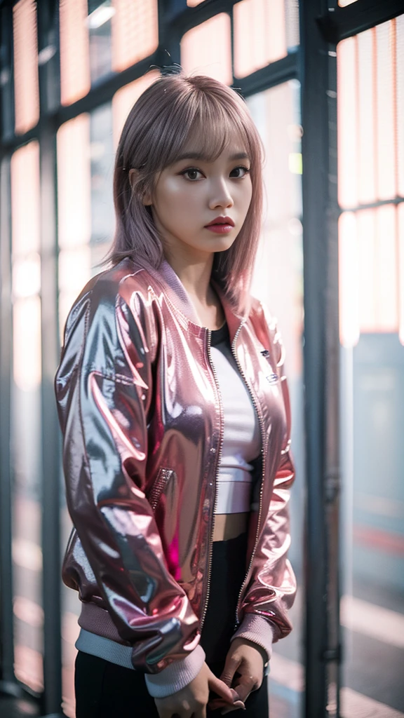 (realistic), (hyperrealism),best quality, masterpiece,ultra high res, (photorealistic:1.4),1girl,whole body、Good style、Shiny pink and silver sportswear、pink hair、Cyber City、track jacket