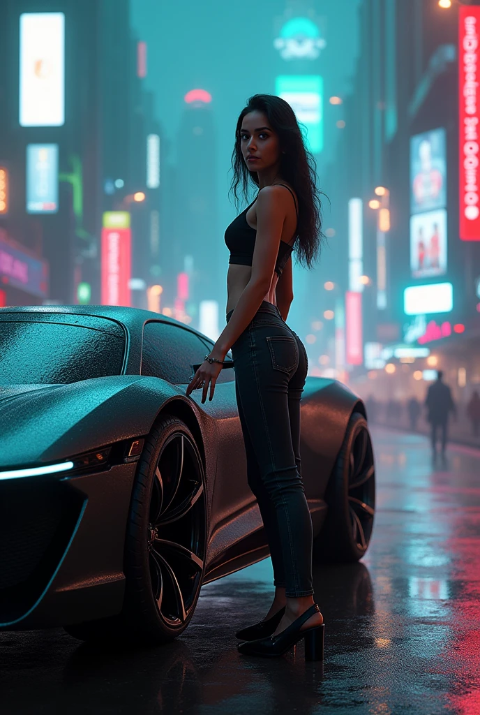 A girl hold indian black thar car door in cyberpunk City 
