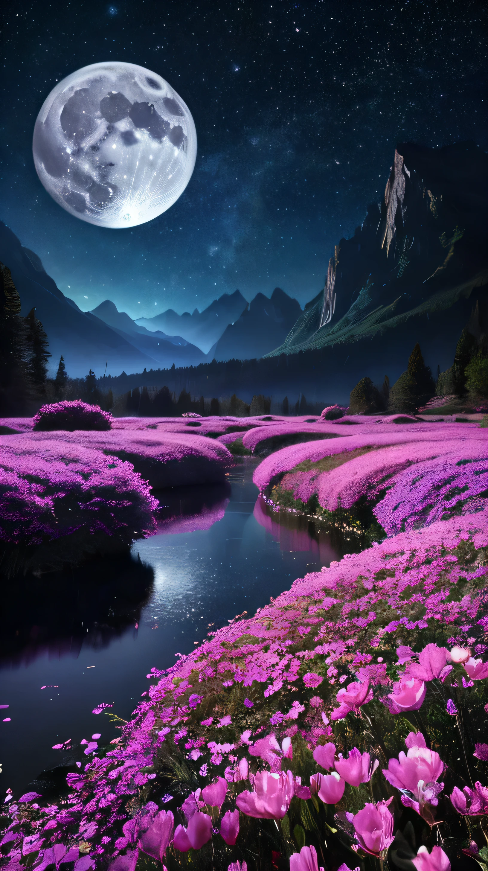 Create a vibrant sci-fi landscape featuring a starry night sky with a full moon. The background should be an expansive cosmic scene with a multitude of stars densely packed across the sky, creating a dazzling and immersive starfield. In the foreground, cover the ground with an abundant array of flowers in vivid pink, electric yellow, and deep purple. These flowers should be highly saturated and glowing, with each petal appearing almost luminous. The full moon should bathe the scene in a soft, silvery light that enhances the brilliance of the flowers and contrasts strikingly with the densely packed stars. The overall composition should be radiant and dynamic, blending the vividness of the flowers with the grandeur and depth of the star-filled sky and the moon
