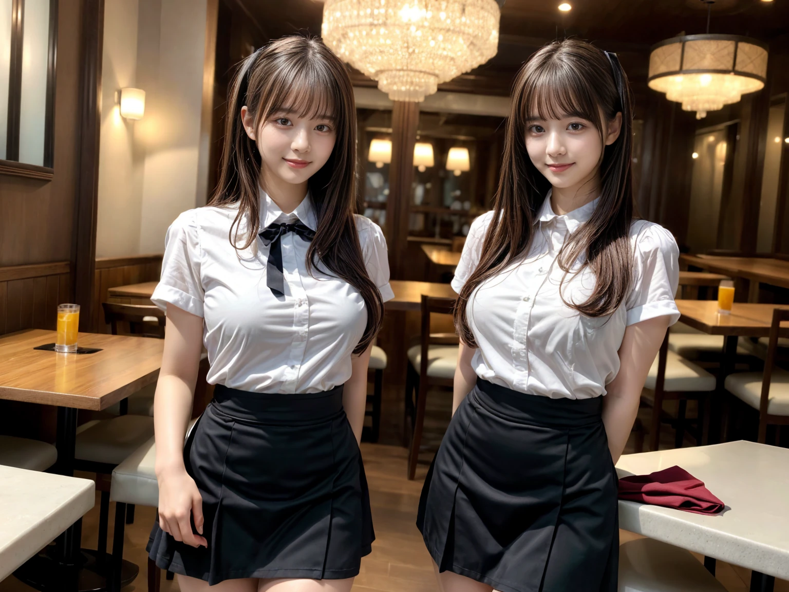 1 girl, (8k, RAW photo, best quality, masterpiece: 1.2), (realistic, photo-realistic: 1.37), ultra-detailed, beautiful, solo, beautiful detailed sky, detailed coffee, night, sitting, (flushed nose), (smile: 1.1), medium breasts, beautiful detailed eyes, long brown hair, (collared shirt: 1.1), bow tie, pleated skirt, (short hair: 1.2), long hair, taking big ice cream,