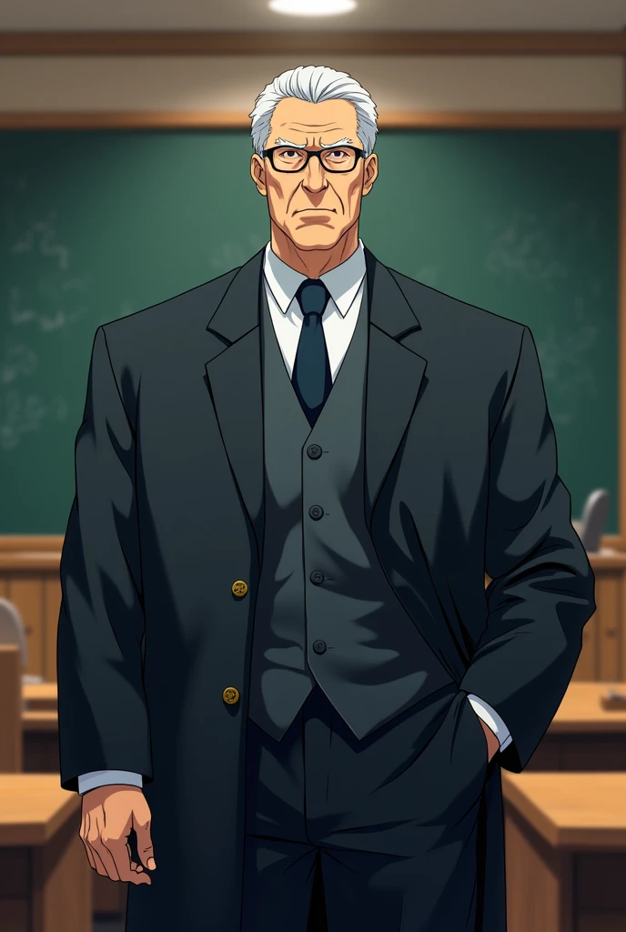 A proffesor who is tall man and stern instructor and a commanding figure. (Anime style), (standing in ground).