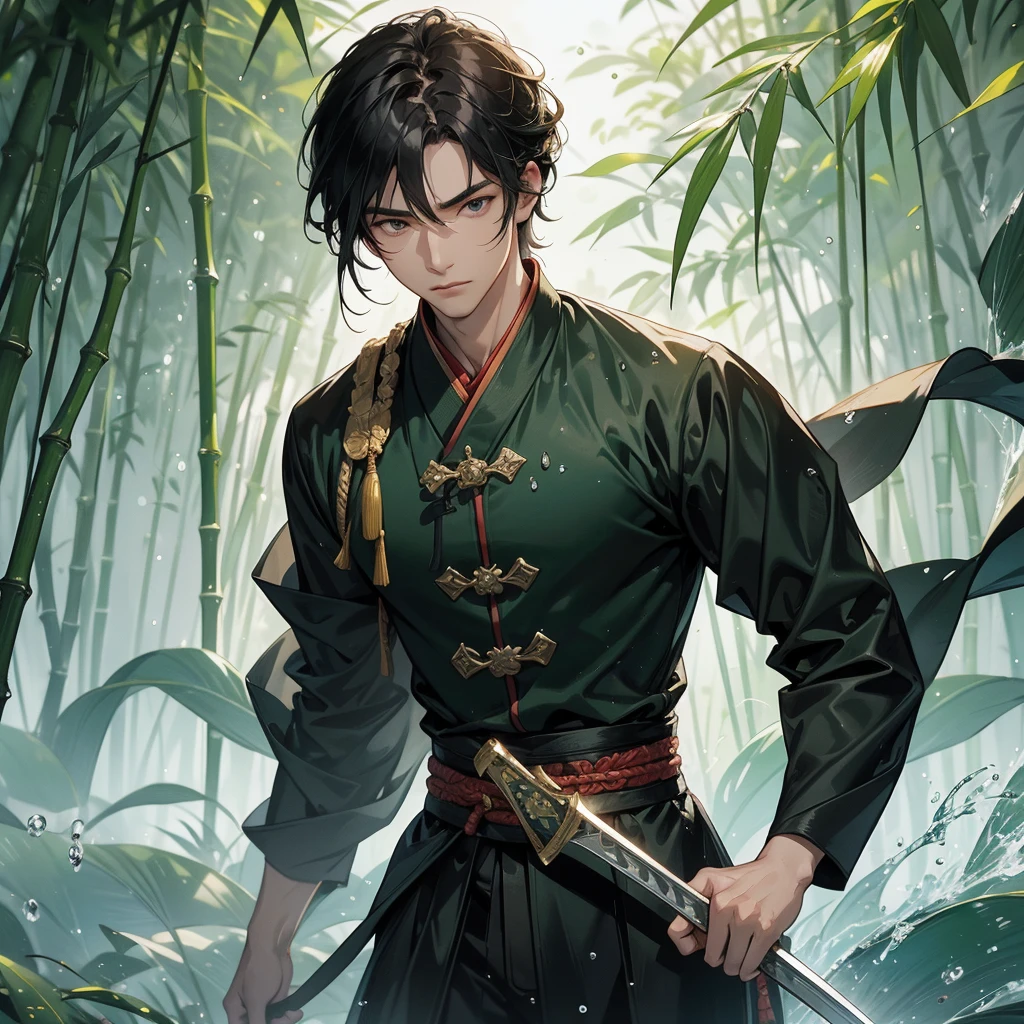 A Handsome black-hair male holding a large sword in an ancient chinese costume, close up.
The back is a lush green bamboo forest. The air after rain has water droplets splashing around.