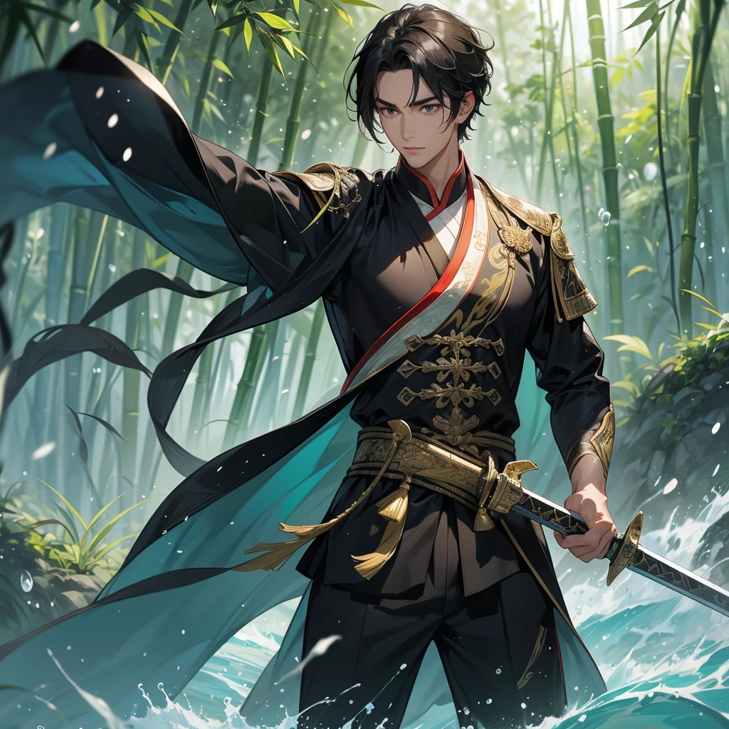 A Handsome black-hair male holding a large sword in an ancient chinese costume, close up.
The back is a lush green bamboo forest. The air after rain has water droplets splashing around.