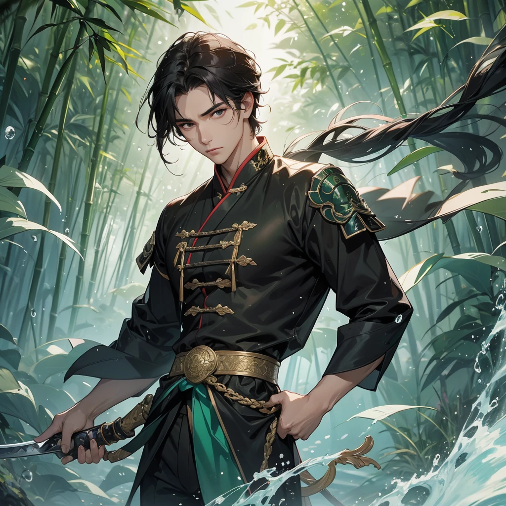 A Handsome black-hair male holding a large sword in an ancient chinese costume, close up.
The back is a lush green bamboo forest. The air after rain has water droplets splashing around.