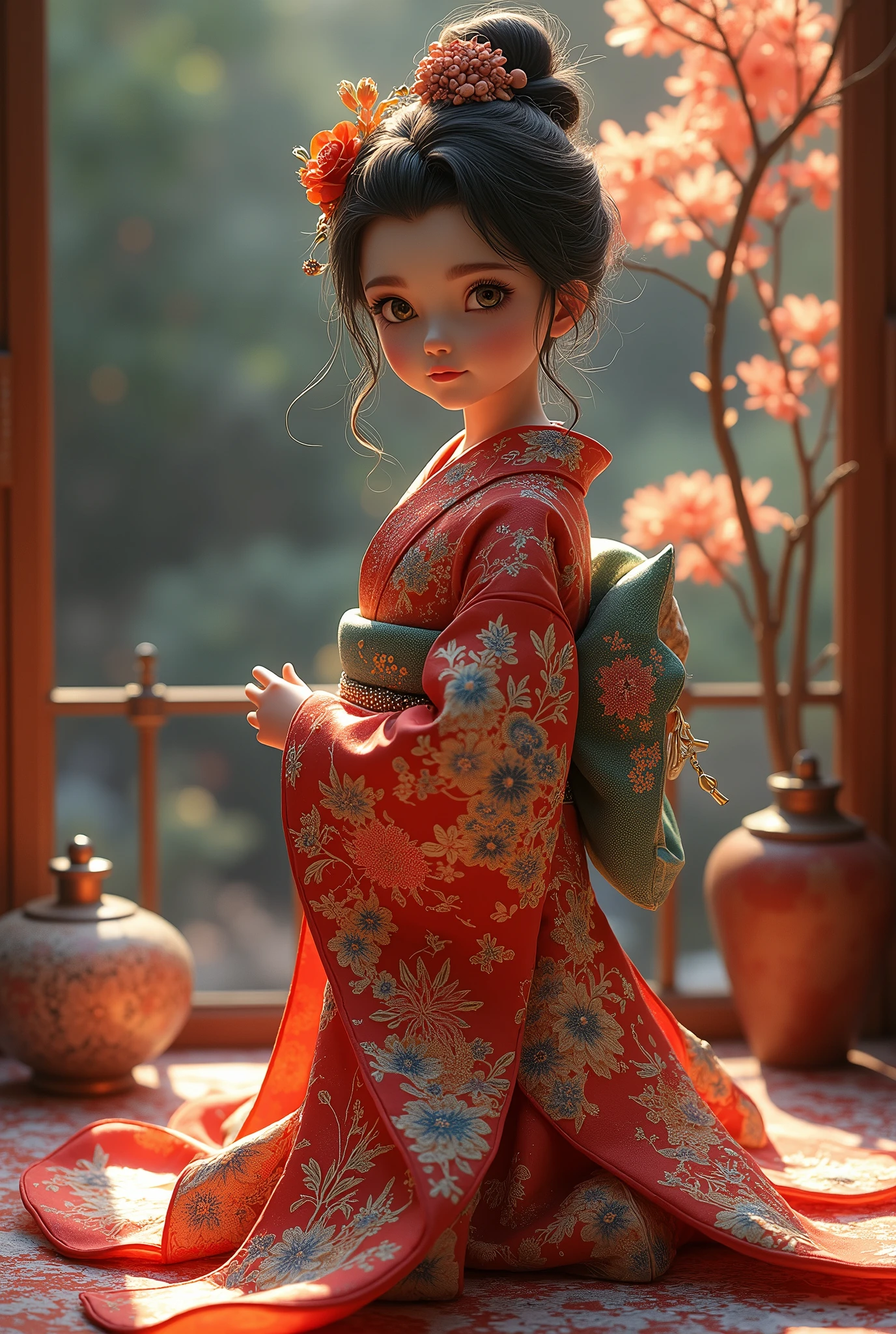 (table top, highest qualityの, highest quality, official art, beautiful and aesthetic:1.2), (1 girl),elaborate costumes(luxurious japanese kimono(colorful kimono(fine embroidery))), very detailed,(fractal art),colorful,best details