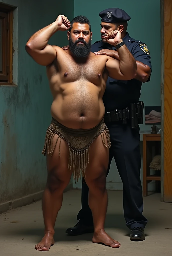 A police officer taking something out of the underwear of a big, strong, hairy, bearded Puerto Rican man, standing, I'm cueca, very hairy, with legs apart from each other, with hands raised above the head.