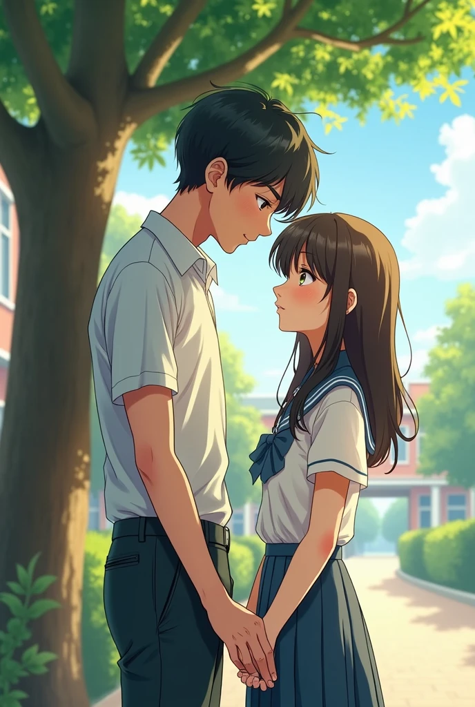 anime style.scene high quality in the school under a tree.A high school couple.A boy which taller than the girl. The boy is touch the girl head.the girl feel ashamed and introvert.the girl is long black hair and the boy is textured bowl cut. Drawing ligh more visible and details。they wear school uniform their skin whitening