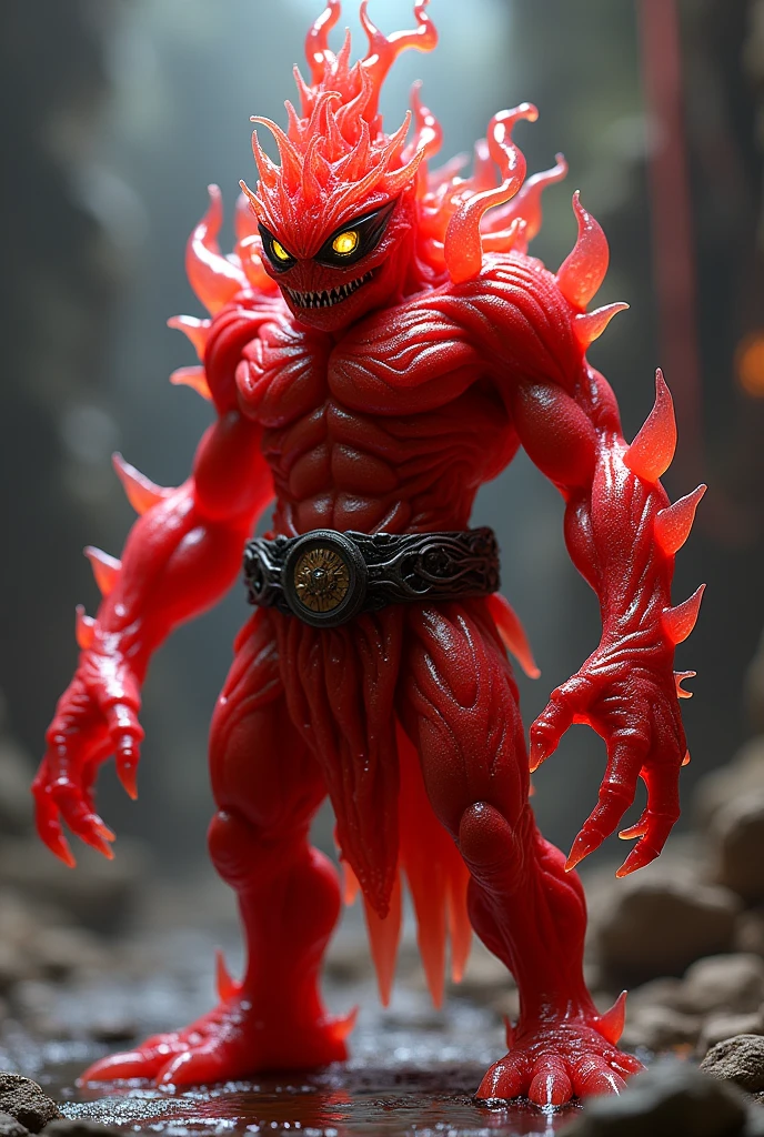 Personnage inspiré d'une gelée rouge avec un corps de gelé rouge avec une ceintures au tour de luis des Main en forme de gelée rouge des yeux jaune est noir une touffe en forme de gelée des jambes de geler rouge est un côté de combattant dangereux