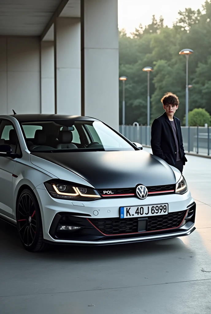 White colour volswagon polo gti front side with black color roof and make kl 40 j 6998 as number plate, make different car shape, make a boy standing side 