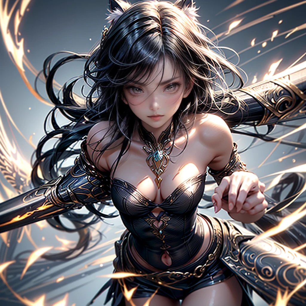 European Style、Fantasy Illustration、masterpiece: 1.2、Highest quality、High resolution、16K、Beautiful details、Ultra-realistic、Photorealistic: 1.37、強力なswordを振るう、A girl surrounded by swirling flames、A powerful figure that embodies the fierce and determined warrior spirit、Cat ear、銀hair、3DCG、3D Rendering、Attractive body、Energetic、Large Breasts、誘惑的な笑face、Moving lines、Moisturized Skin、(青いeye)、Attractive breasts、Delicate and beautiful（hair、face、eye、pupil、sword）、Full body wide view、Dynamic pose。