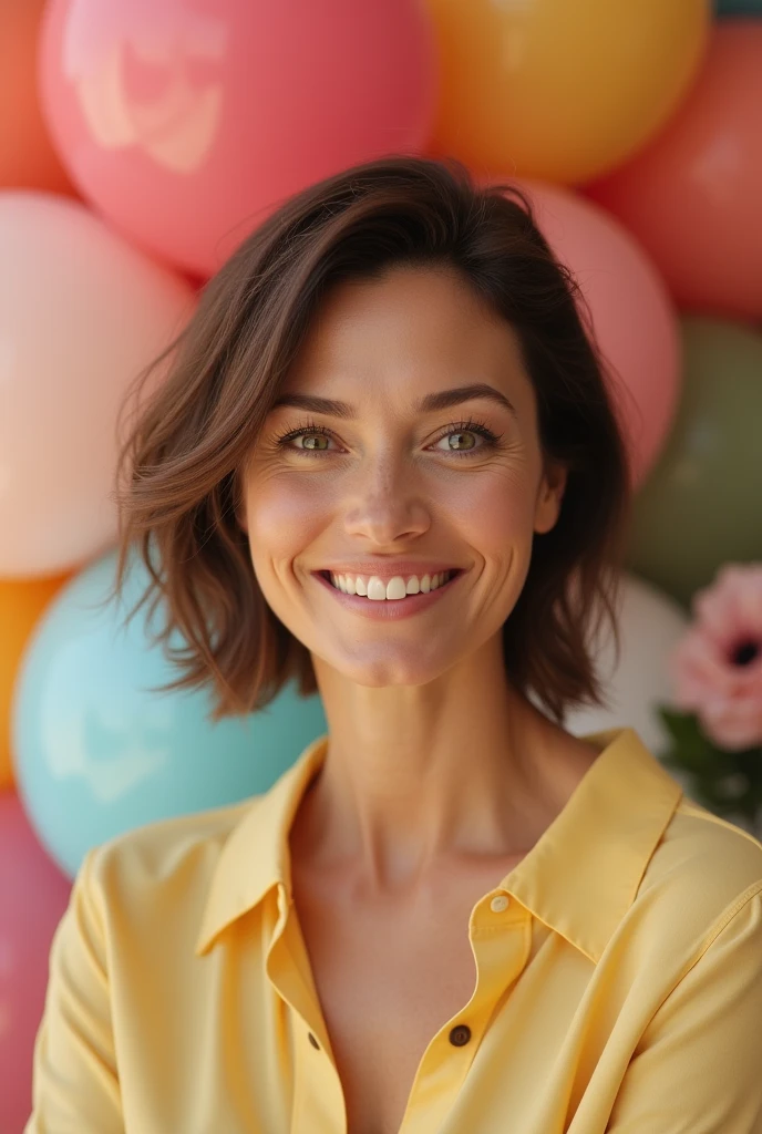 Realistic, beautiful senior 55 years woman, short bob brown hair, thin smile, wearing light yellow shirt, balloons on the background, birthday party atmosphere 