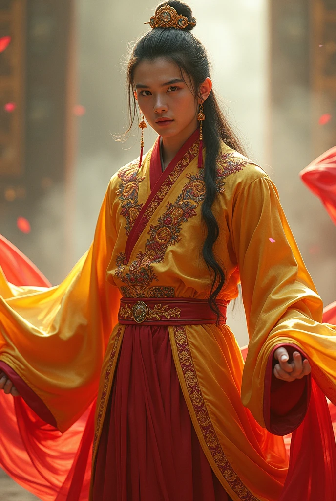 Young man, solo, (((gold and red dress))), flowers, jewelry, long sleeves, wide sleeves, chinese clothes, hanfu, embroidery, long skirt, long flowing hair, detailed face, detailed beautiful eyes, (intricate:1.3), (arcane aura:1.2), (dreamlike:1.3), (subtle mist:1.1),(vibrant colors:1.2), (detailed hair:1.3), (ultra realistic details:1.5),
