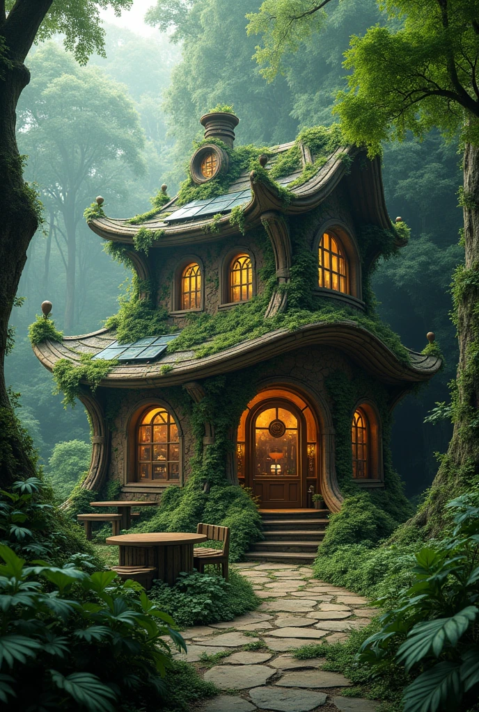 4096 X 2304
genarate a photo with 4096 X 2304 image size that is a very unusual looking caffe in the woods, Fantasy architecture, Elven architecture, fantasy house, tree house, Solarpunk architecture, Fantasy buildings, highly detailed fantasy, Complex and realistic fantasy, Solarpunk Village, highly detailed fantasyアート, Solarpunk futuristic utopia, Solar Punk Utopia, 4K high-definition digital art, detailed fantasy digital art, fantasy surrealism,master piece, best high resolution,high quality content, 8K with great detail. use dark green colors ,so many trees .