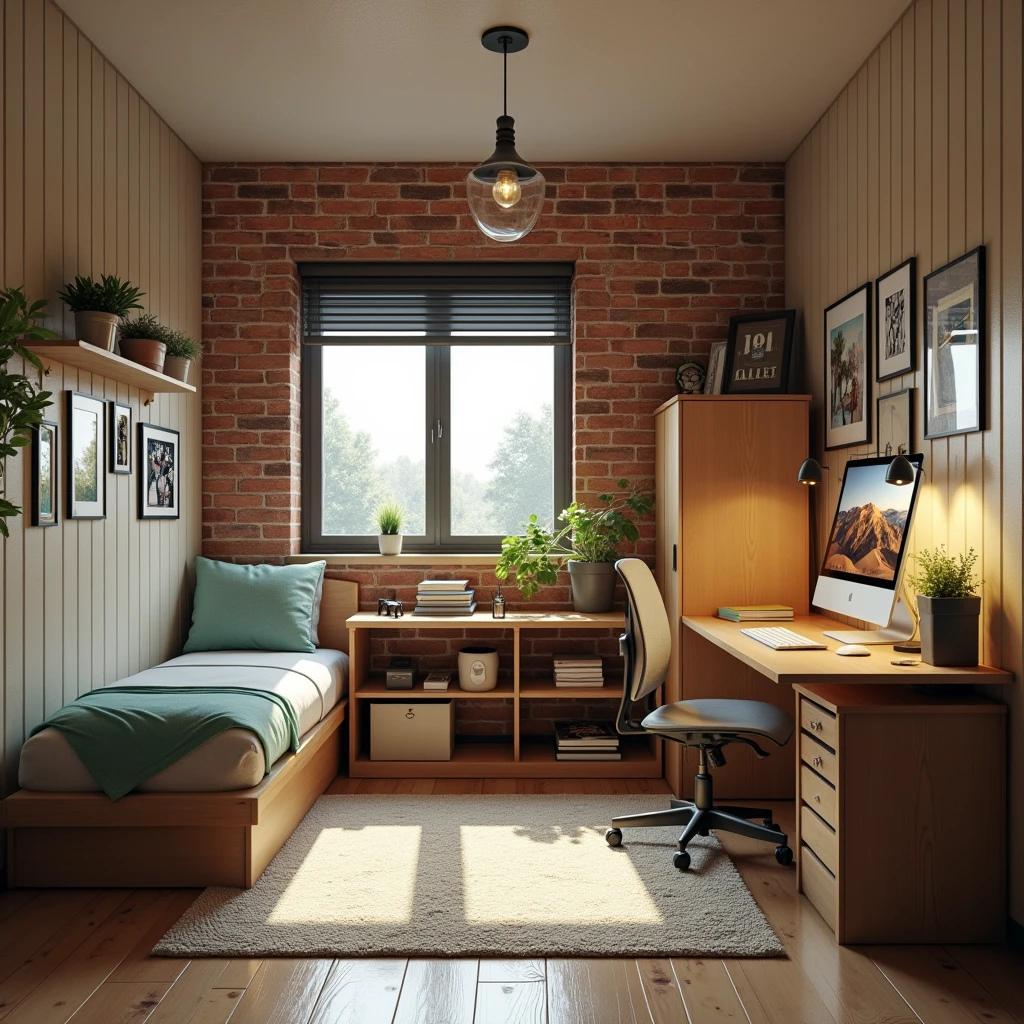 Small modern schoolboy room. Decorative wall of original 19th century brick. Decorative wall of rustic board , single bed, homework desk, two-door wardrobe, bookcase, office chair, computer, monitor, school supplies.
Style: modern, photo-realism, minimalism.
Atmosphere: cosy, warm. Lighting: light from chandelier and desk lamp,
