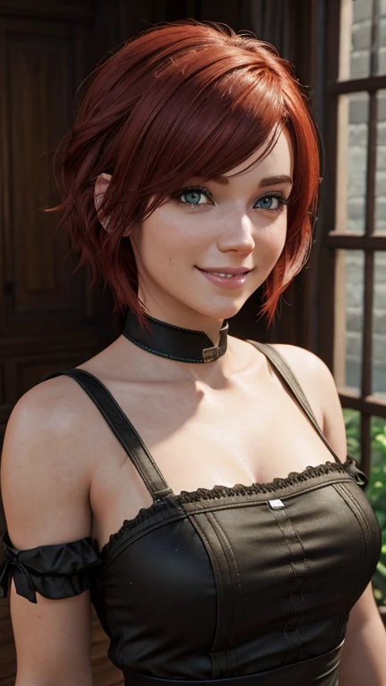 head, neck, shoulders. short, Red hair, green eyes, Cute, smiling, голые shoulders девушка 15 лет с маленькой грудью, with collar on bedroom background