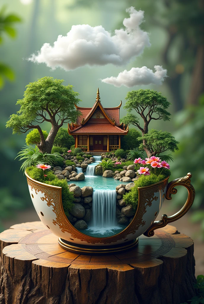 An image featuring a traditional Thai scene contained within a tea cup. The tea cup should be intricately decorated with Thai pattern. Inside the cup, depict the scene features a beautiful traditional Thai house as its centerpiece. A small, crystal-clear waterfall creates a humid microclimate. Wisps of smoke rise gently into the air. The ecosystem is rich with bonsai trees, rocks, ferns, colorful orchids, various flowers, and peat moss. Fluffy clouds hover above. All these elements are contained within the expansive surface of the enormous tree stump. The entire composition is set against a pure background.