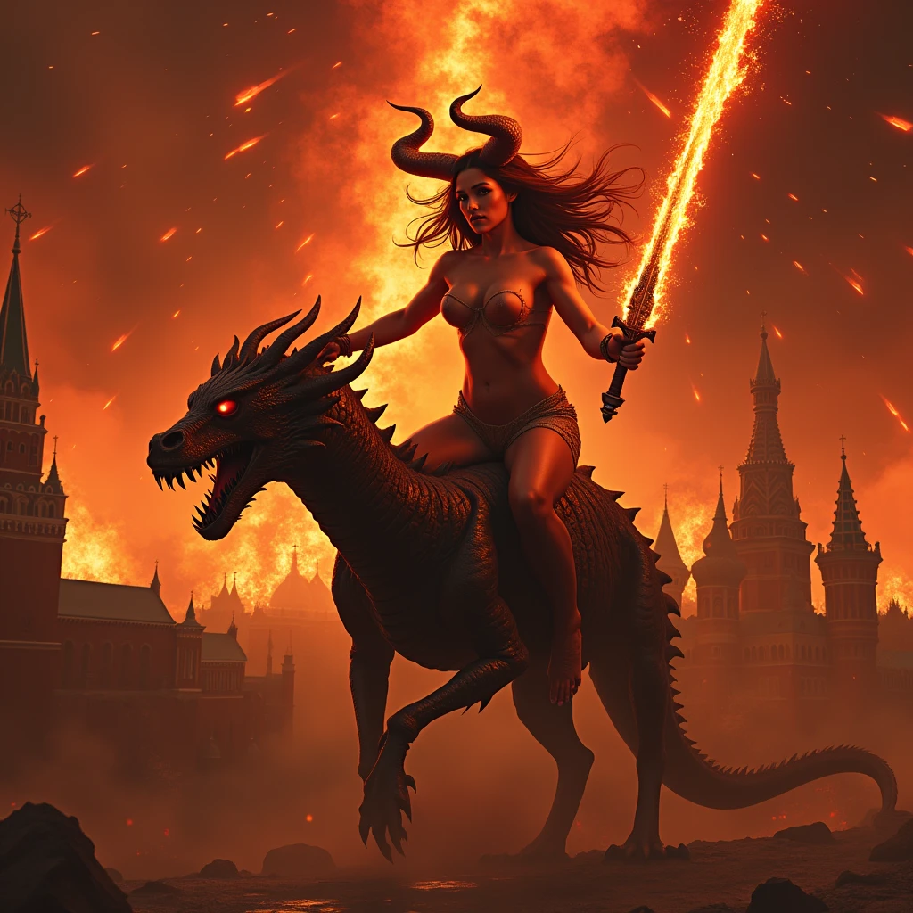 full length sexy Goddess of Revenge, she-devil, Big breasts ,naked body, Long horns, beautiful detailed eyes glow with red hellfire, beautiful detailed lips, very detailed face and body, with a Flaming Two-Handed Sword in his hands, rides on a skeleton - a dragon, burning ruins above the Burning Ruins of the Moscow Kremlin and Red Square at the bottom of the picture, and above in the sky is a meteor shower of fire, crimson sky, in the style of Luis Royo ((masterpiece, top quality, Highest image quality, a high resolution, photorealistic, RAW photo, 8 K)), ((extremely detailed wallpaper CG unified 8k)), (Huge stunning goddess shot, Very hot and sexy, потрясающая beauty, perfect proportions, beautiful body, slender body, beauty:1.4) article: "Klaus Loki" is indicated in the down right corner of picture