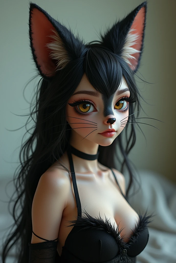 one girl, fox ears, , pure, cute naked, topless, a cat human Mix, human Body, big tits, furry skin, hairy nose , whiskers big eyes, black fur, Cat eyes, hybride 30 %Cat an 70 % human, face mostly human