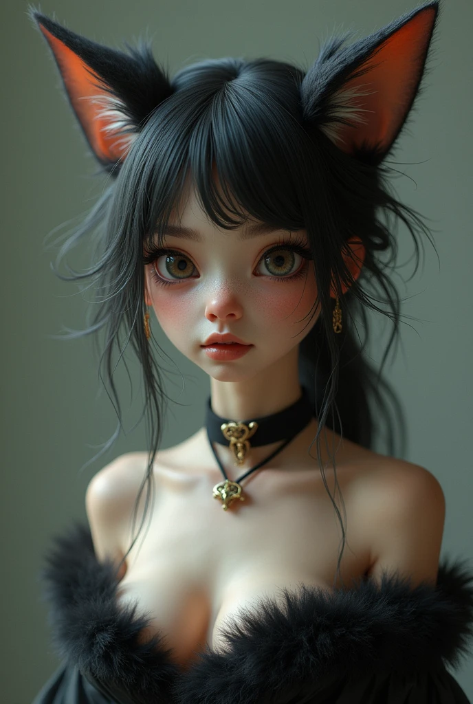 one girl, fox ears, , pure, cute naked, topless, a cat human Mix, human Body, big tits, furry skin, hairy nose , whiskers big eyes, black fur, Cat eyes, hybride 30 %Cat an 70 % human, face mostly human