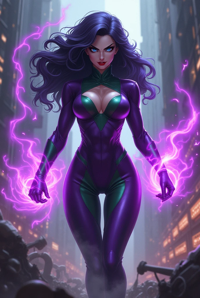 Dark purple haired villainess with magnetic powers, wearing a skintight purple and green costume and destroying a factory. Blue eyes, glossy red lips. Evil smirk. Purple magnetic energies swirl around her hands and create a protective aura around her body. Evil wins. Humans dying.
