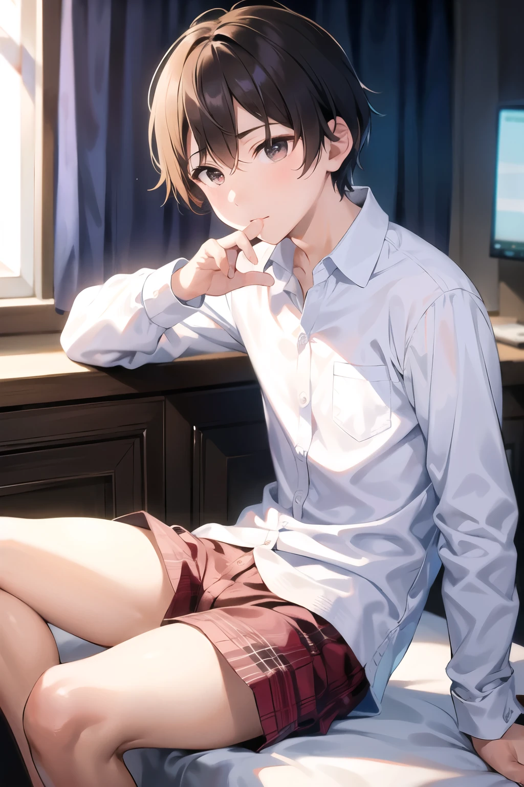 a boy sitting in a bedroom, wearing a white long sleeve shirt and plaid underwear, viewed from the side,