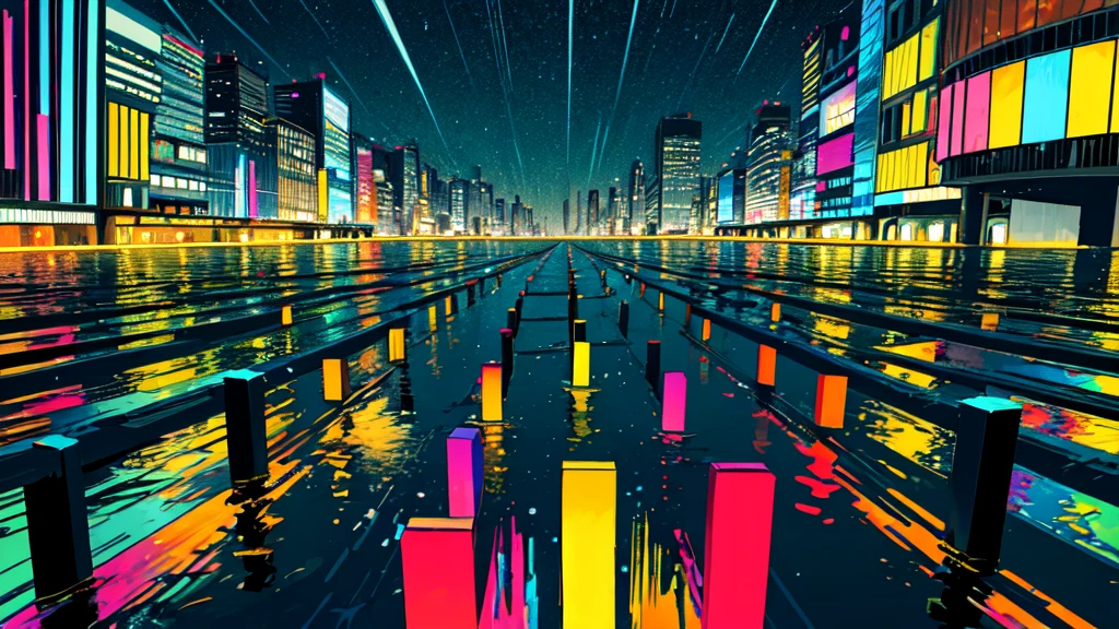 (masterpiece, Highest quality:1.3), (Flat Color:1.3),(colorful:1.3),View your viewers,One person,alone,floating colorful water,(2D:1.3), Hatsune Miku, Rainy night、A dimly lit city
