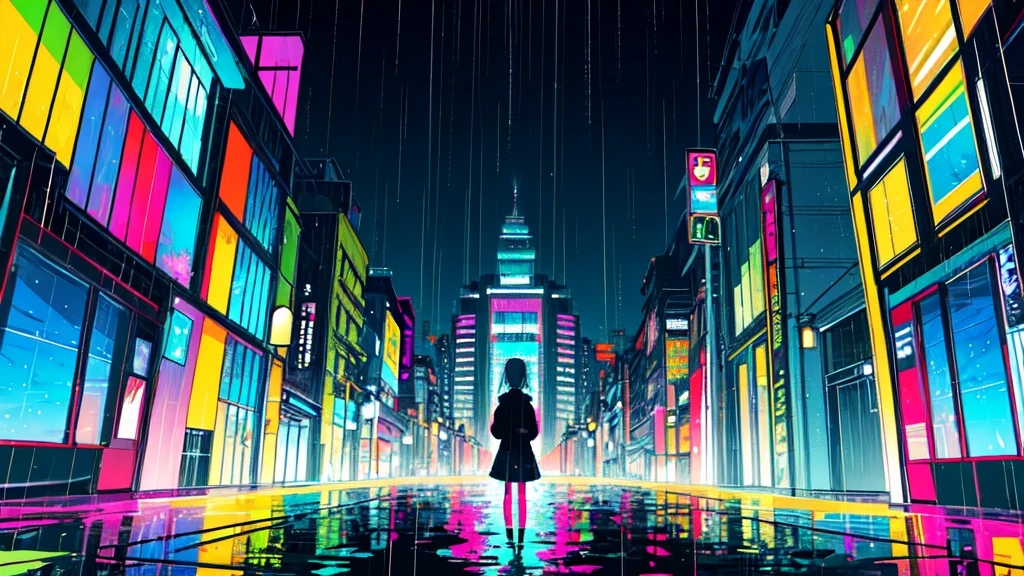 (masterpiece, Highest quality:1.3), (Flat Color:1.3),(colorful:1.3),View your viewers,One person,alone,floating colorful water,(2D:1.3), Hatsune Miku, Rainy night、A dimly lit city