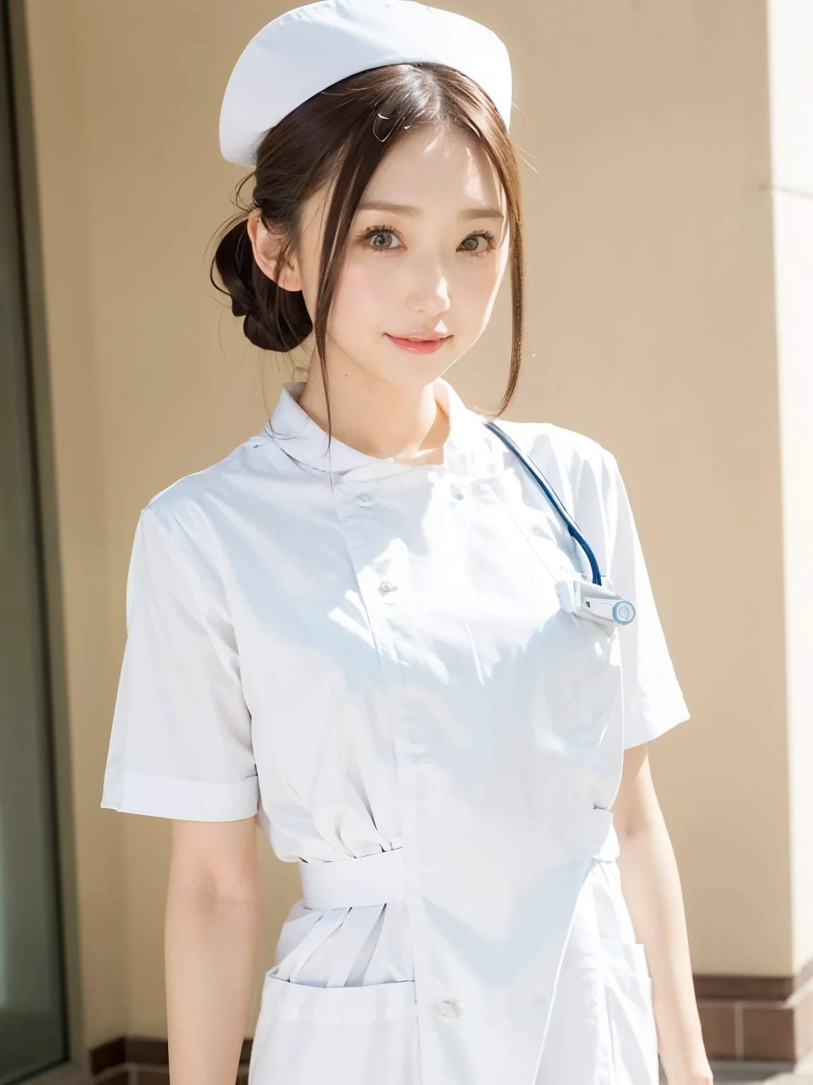 woman, alone, Iris, (Wearing white nurse clothes:1.2), Upstyle, nurse, Perfect Anatomy, nurse uniform, (Nurse cap), (White costume), Long skirt, hospital, Face close-up,