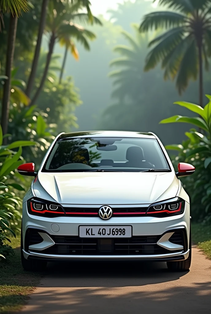 White colour volswagon polo gti front side with black color roof and make kl 40 j 6998 as number plate, make different car shape, make background like kerala 