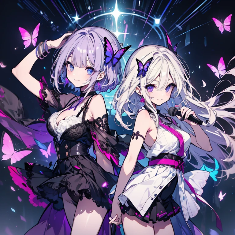 2 people、Mature、Ample breasts、Long Hair、Long eyelashes、White haired girl and purple haired girl、Idol Group、2 people組み、Diva、Open Mouth、sing、Back to Back、Live Stage、Black costume、Lace fabric、Shoulder Bare、Miniskirt、choker、Earrings、bracelet、Hold the microphone、Butterflies fluttering、Spotlight、Night view、Downtown、A seductive smile、Eyeshadow on the outer corner of the eye、smile、cool、High resolution、Highest quality