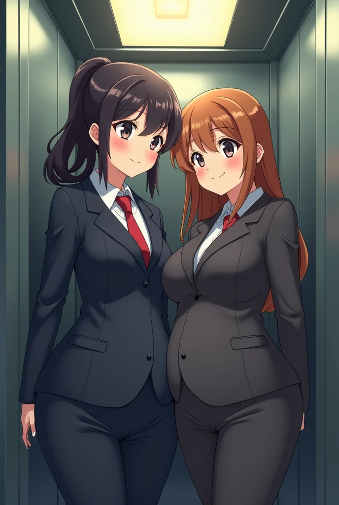 two cute big belly Anime girls in business suits stuck in elevator, tight squeeze