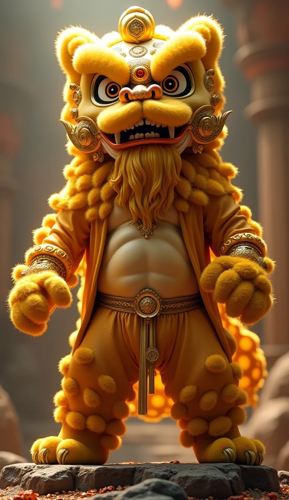 Angry Southern Lion Dance Gold Statue，Top quality materials，The details are obvious，best quality，Global Illumination，Highest skin texture，Top quality materials，The details are obvious，best quality，Global Illumination，Highest skin texture，, Looking at the audience:（0.8），Golden-glowing eyes（1.0）detailed, Huge Breasts，Exaggerated body proportions，Loose fitting robe，Slim waist，Wrap the whole body in tights（1.0），Bodysuit Nano Style（1.0）Giant creatures，She is great，Look up to her，Standing on a rockery disc（1.8），Backlight、Backlight，Look down at the camera。
