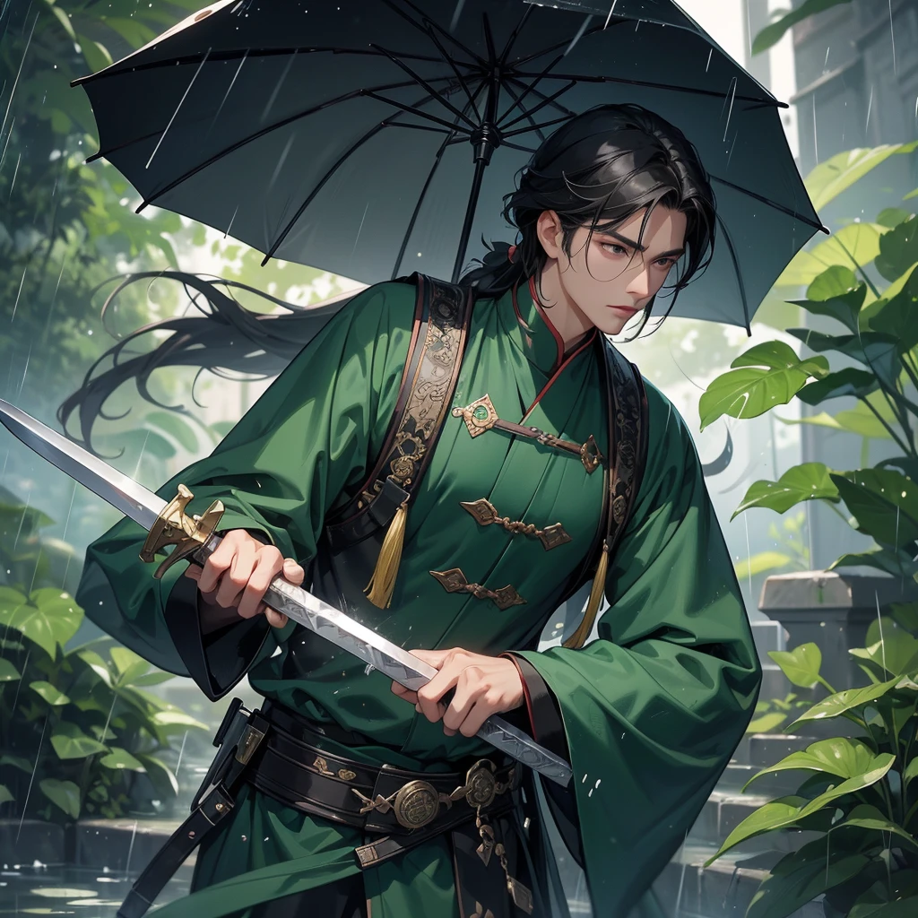A Handsome black-hair male holding a large sword in an ancient chinese costume, close up.
Stand holding an umbrella to protect from the rain. Rain fell and splashed around. There are water droplets falling on the leaves in the surrounding area, green and moist, the atmosphere after rain.