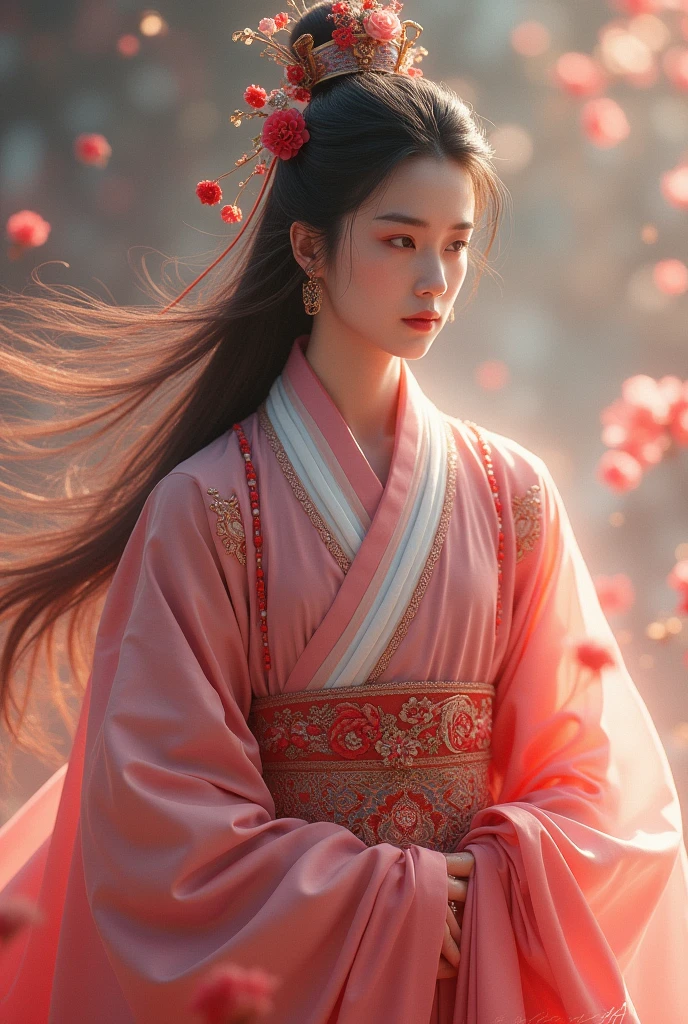 Young Man , solo, (((pink and red gold))), flowers, jewelry, long sleeves, wide sleeves, chinese clothes, hanfu, embroidery, long skirt, long flowing hair, detailed face, detailed beautiful eyes, (intricate:1.3), (arcane aura:1.2), (dreamlike:1.3), (subtle mist:1.1),(vibrant colors:1.2), (detailed hair:1.3), (ultra realistic details:1.5),