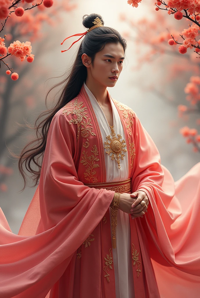 Young Man , solo, (((pink and red gold))), flowers, jewelry, long sleeves, wide sleeves, chinese clothes, hanfu, embroidery, long skirt, long flowing hair, detailed face, detailed beautiful eyes, (intricate:1.3), (arcane aura:1.2), (dreamlike:1.3), (subtle mist:1.1),(vibrant colors:1.2), (detailed hair:1.3), (ultra realistic details:1.5),