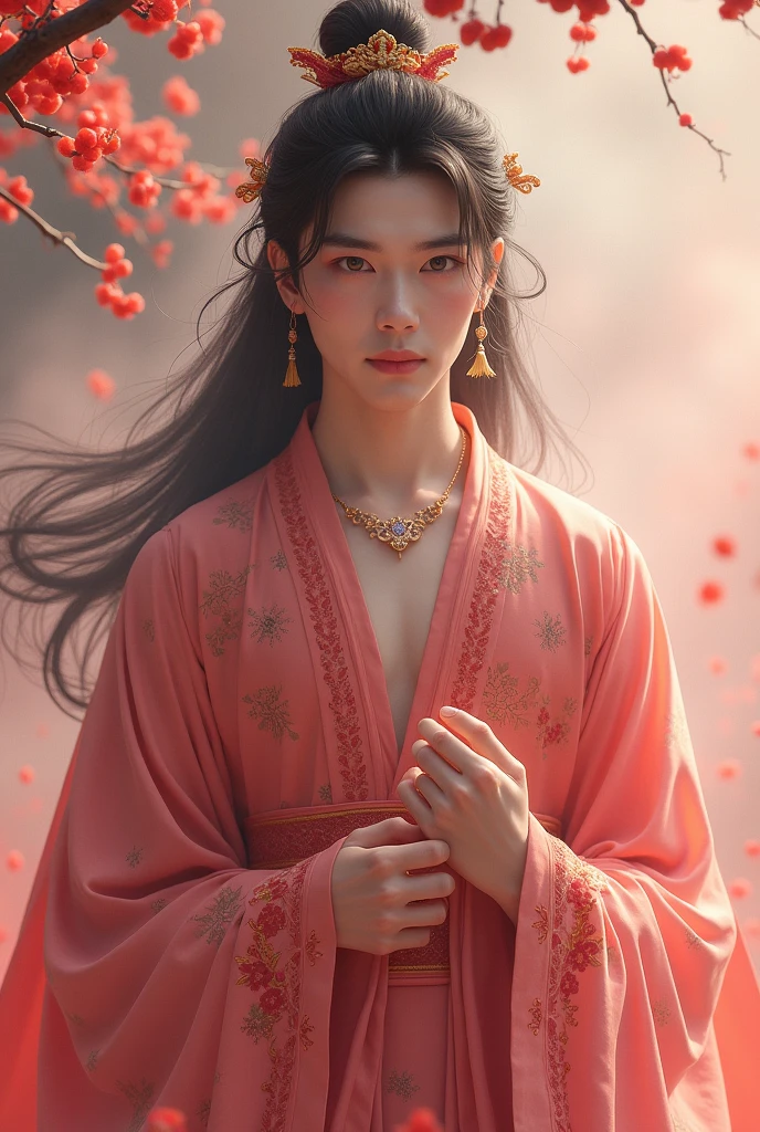 Young Man , solo, (((pink and red gold))), flowers, jewelry, long sleeves, wide sleeves, chinese clothes, hanfu, embroidery, long skirt, long flowing hair, detailed face, detailed beautiful eyes, (intricate:1.3), (arcane aura:1.2), (dreamlike:1.3), (subtle mist:1.1),(vibrant colors:1.2), (detailed hair:1.3), (ultra realistic details:1.5),