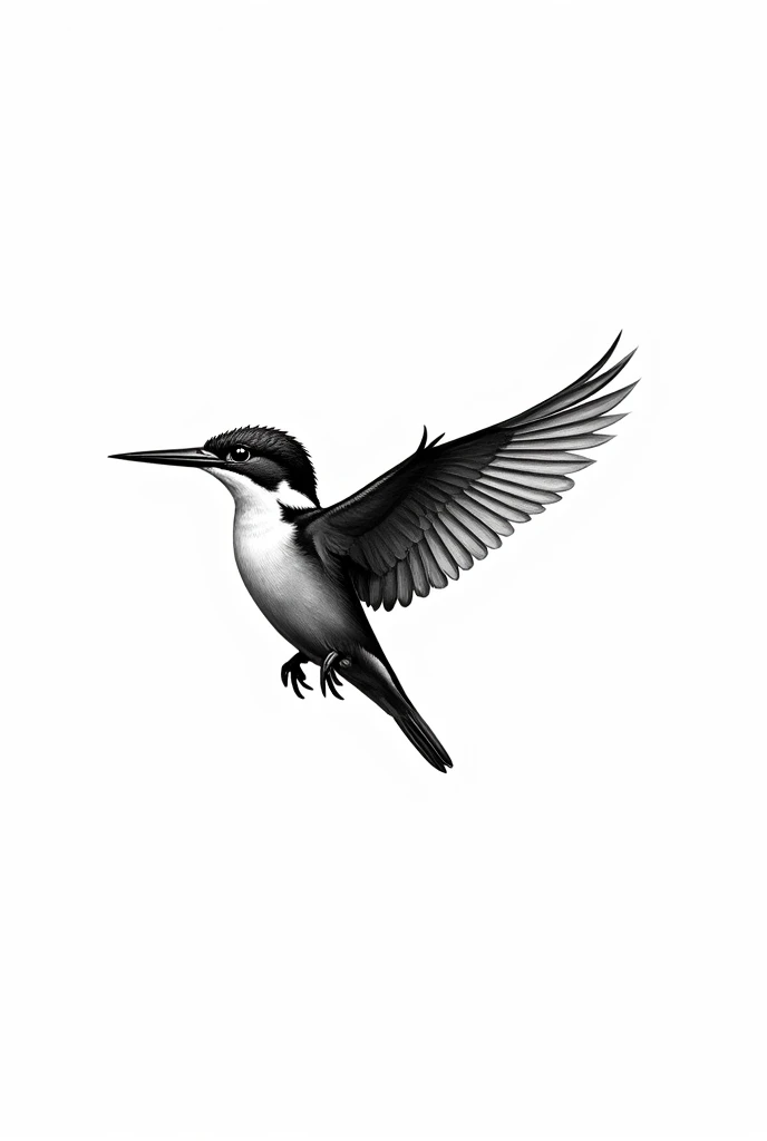 Flying kingfisher pictured sideways fineline black white more white than black