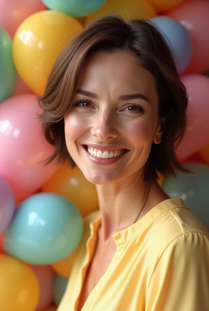 Realistic, beautiful senior 55 years woman, short bob brown hair, thin smile, wearing light yellow shirt, balloons on the background, birthday party atmosphere 