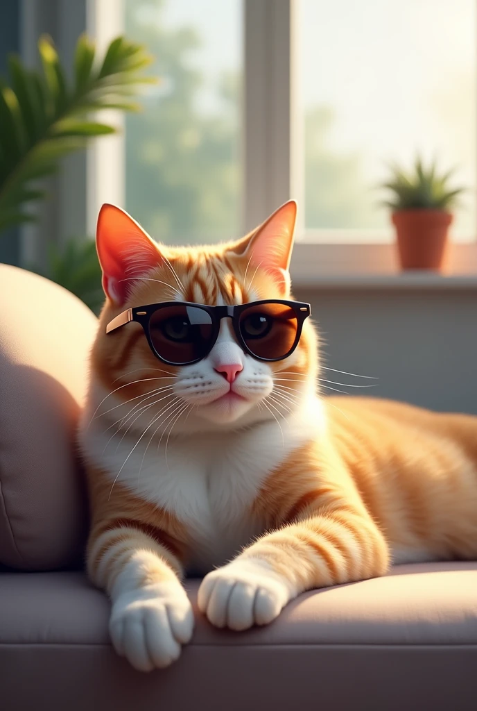 A cat wearing sunglasses inside a house 


