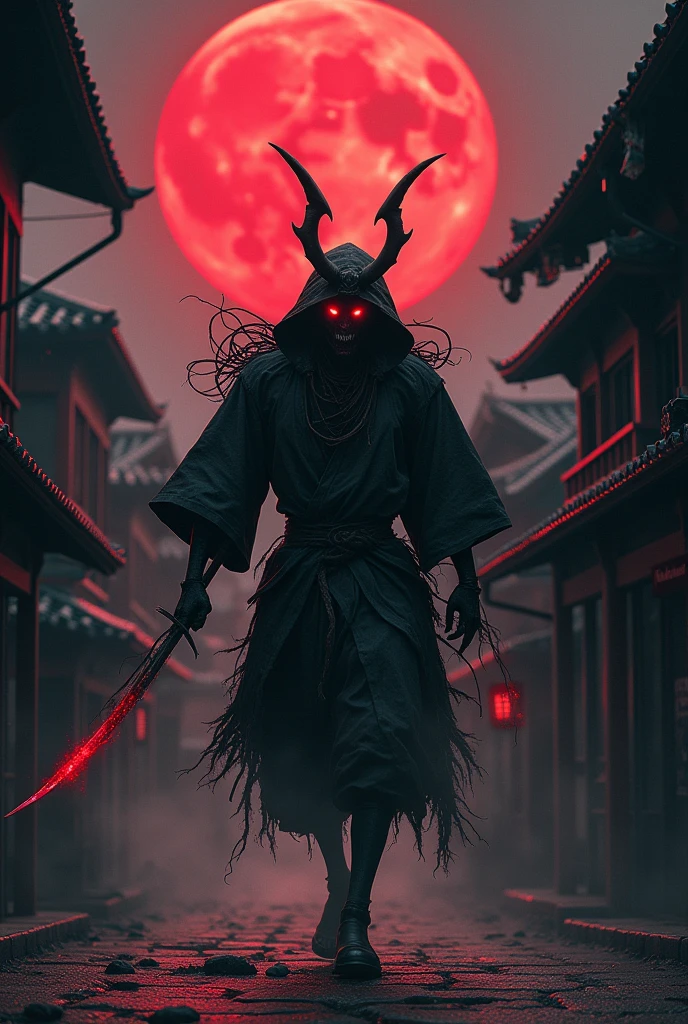 Japanese ghoul demon samurai and ninja 24k resolution with Japanese temple in town and district at night with bloody moon with ghouls
