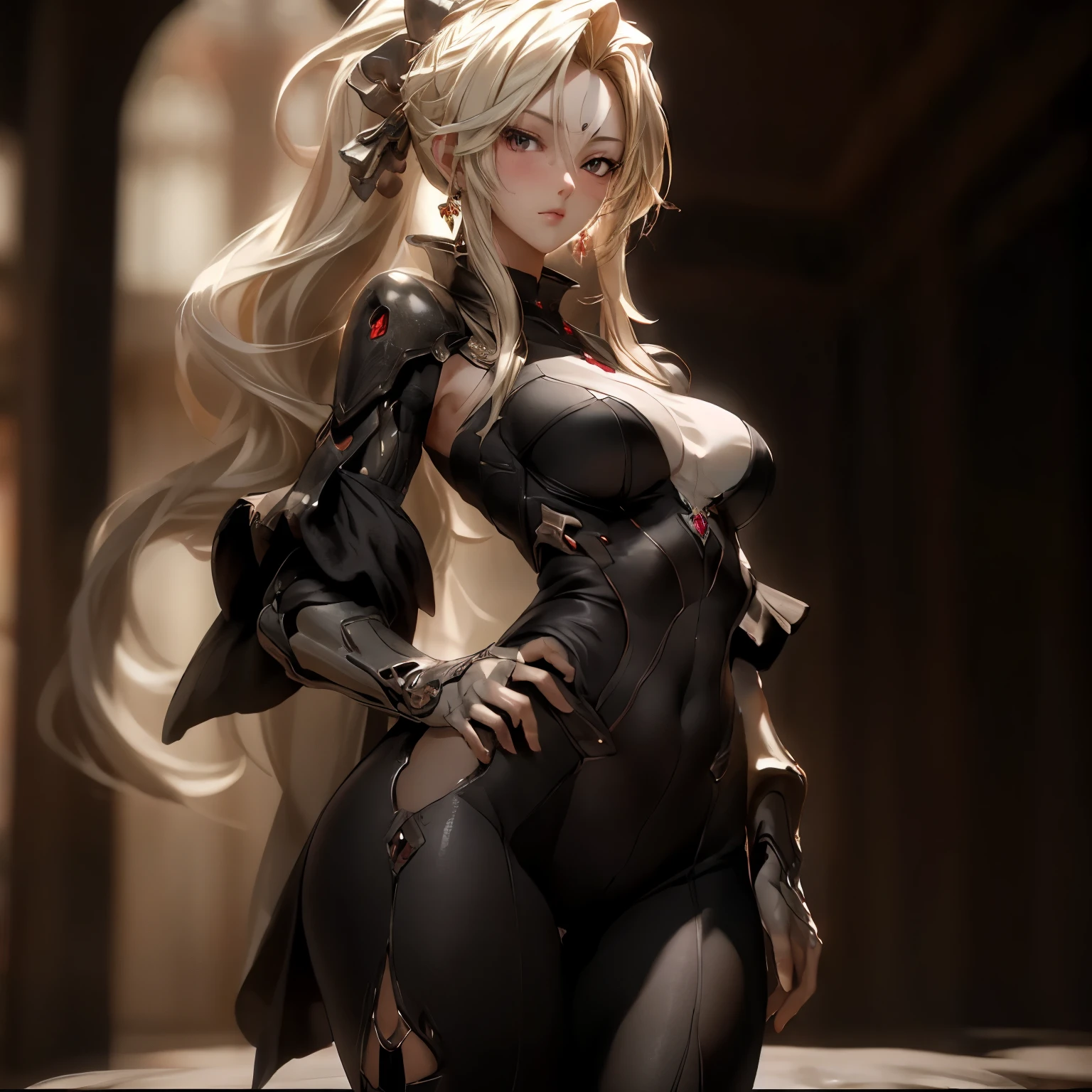 (best quality)), ((Masterpiece)), (details:1.4), 3d, HDR (high dynamic range), an image of a beautiful cyberpunk female, fantasy, Hips up, Blonde hair, High ponytail, Red eyes, จมูกโด่ง, ปากแดง, หน้าอกใหญ่, nvidia RTX, PBR surface, After processing, Anisotropic filtration,depth of field, Maximum clarity and clarity, multi-layered surface, Subsurface scattering, perfect proportions, 8K raw files, ultra detailed, Perfect proportions, volumetric lighting, soft lighting, Holy Paladin, Heavy black Armor, glossy skin, chapel background, jewely, ต่างหู, นิ้วมือสมบูรณ์,