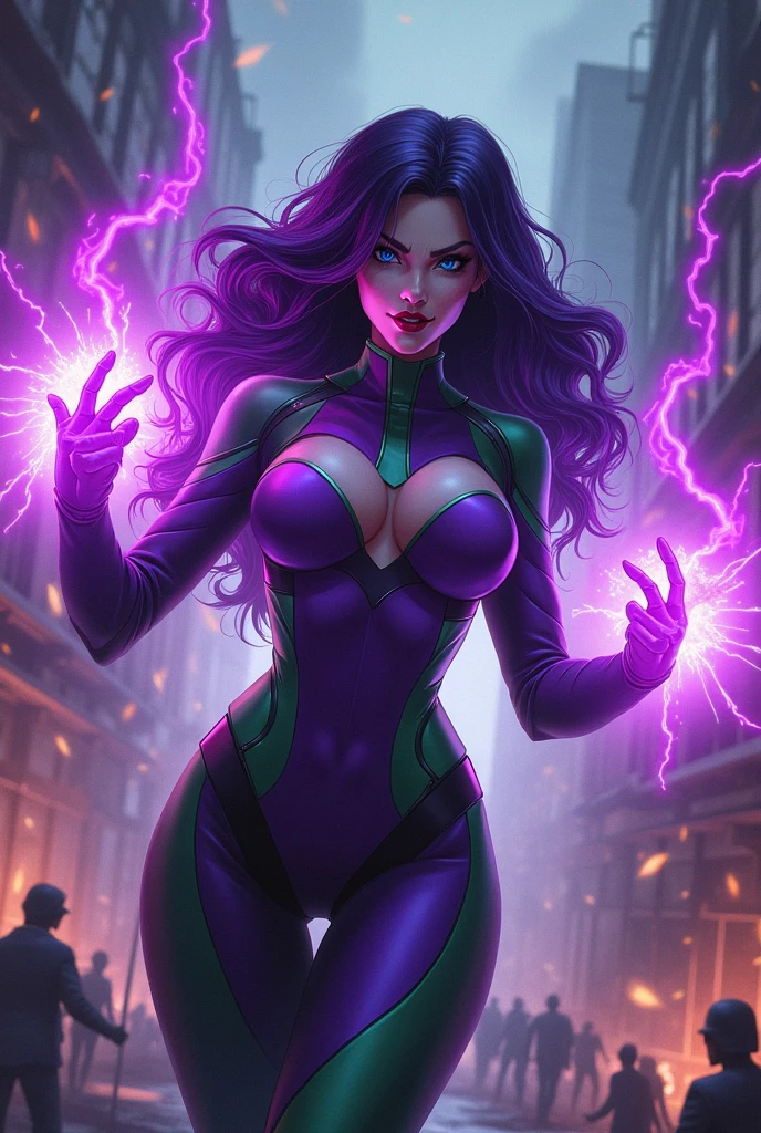 Dark purple haired villainess with magnetic powers, wearing a skintight purple and green costume and destroying a factory. Blue eyes, glossy red lips. Evil smirk. Purple magnetic energies swirl around her hands and create a protective aura around her body. Evil wins. Humans dying.