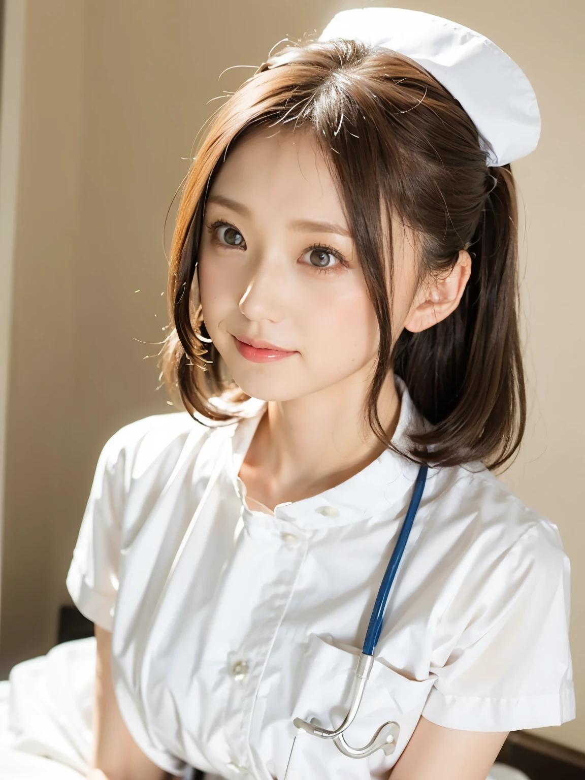 woman, alone, Iris, (Wearing white nurse clothes:1.2), Upstyle, nurse, Perfect Anatomy, nurse uniform, (Nurse cap), (White costume), Long skirt, hospital, Face close-up,